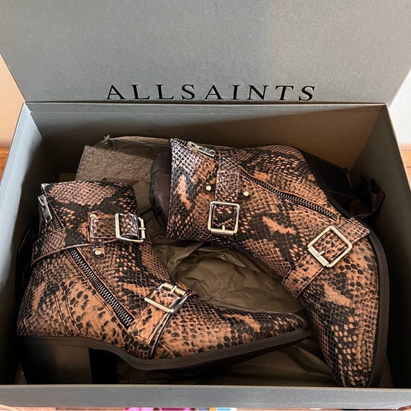 NEW Allsaints Snakeskin Print Leather Booties Pointed Toe Boho - Picture 4 of 10